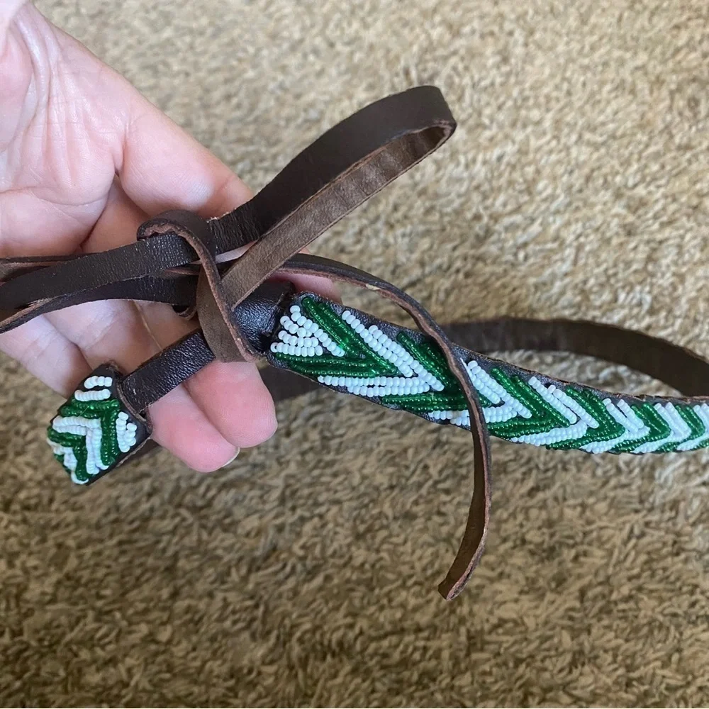 Beaded Leather Belt Sz 30 - Green and White